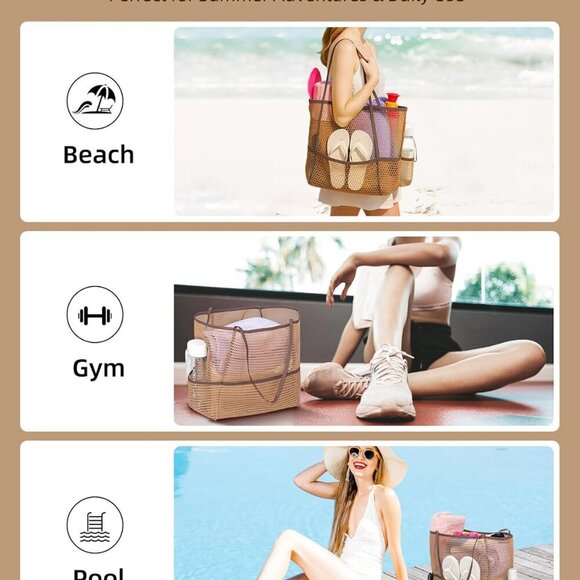 Mesh Beach Tote Bag Lightweight Foldable Large Multiple Pockets for Women - Picture 7 of 7